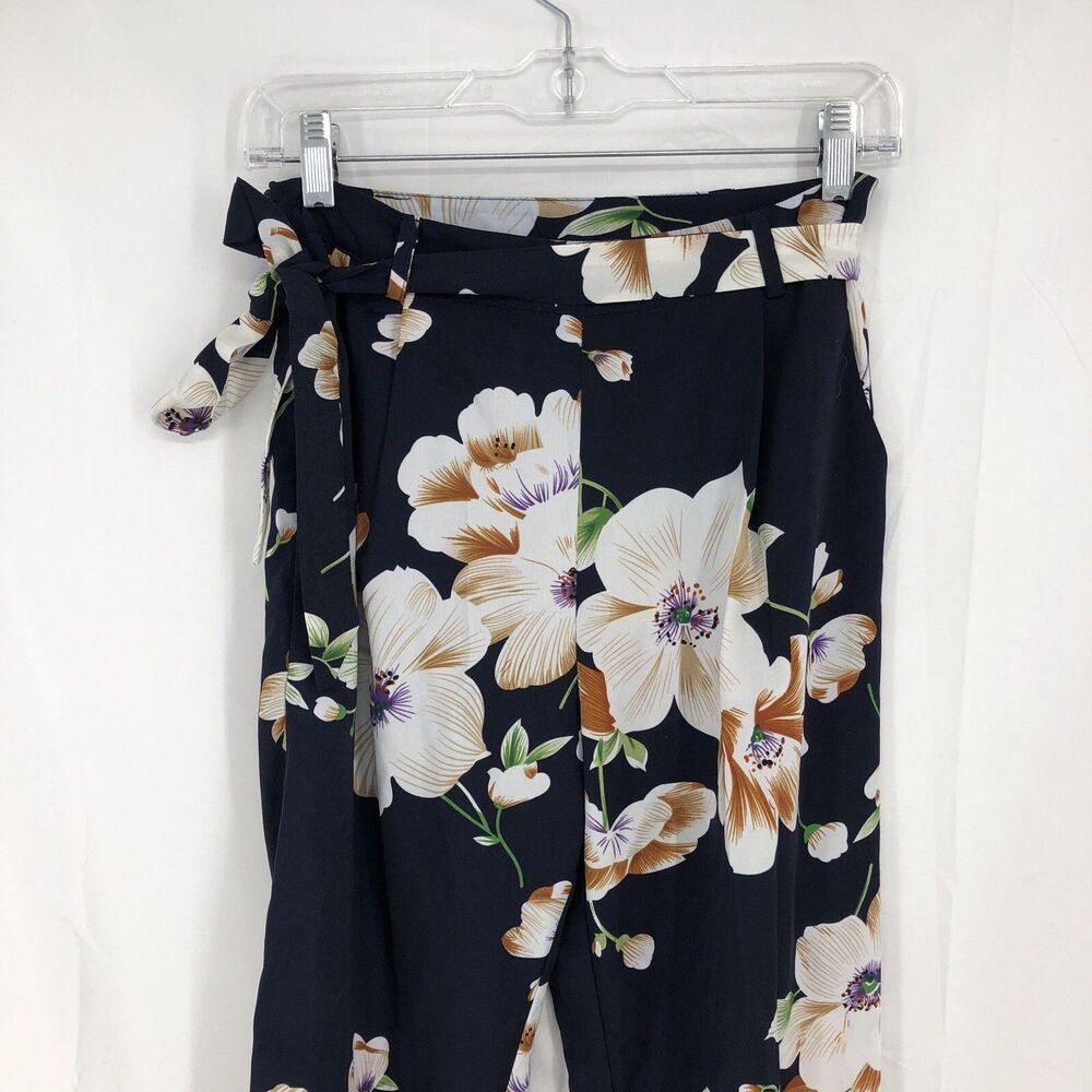 SHEIN Blue Floral Belted Tie Side Zip Crop Pants Small 28x26